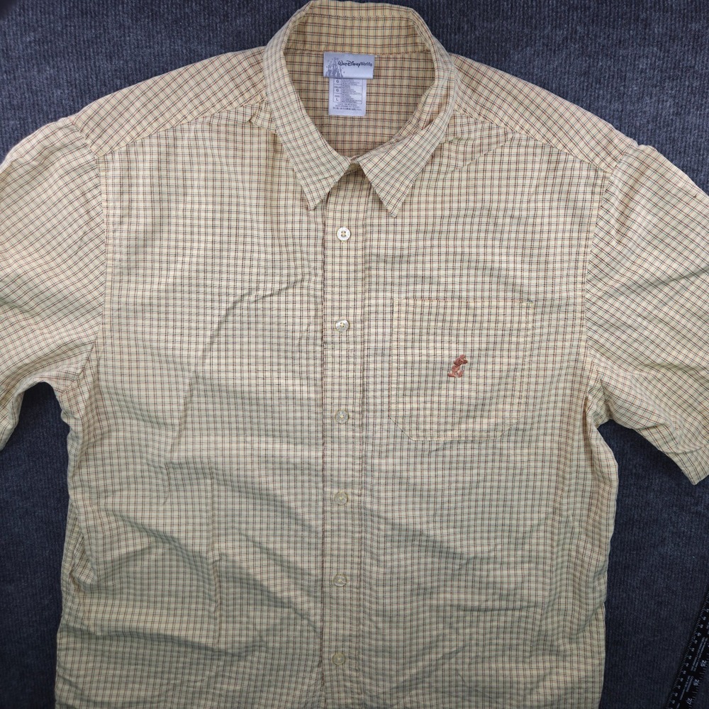Walt Disney World Button Down Shirt Mens Large Yellow Plaid Mickey Mouse SS